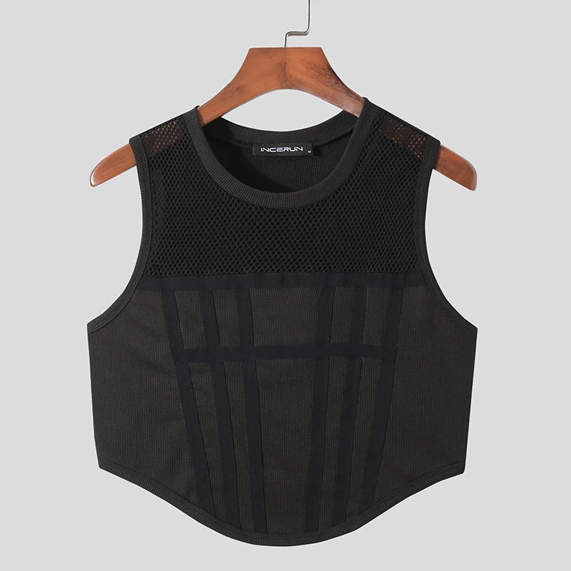 Mesh Patchwork Round Neck Sleeveless Tank Top Vest