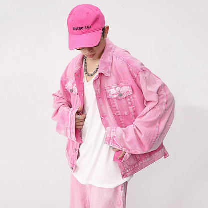 Korean Pink Denim Set with Jacket and Straight Jeans