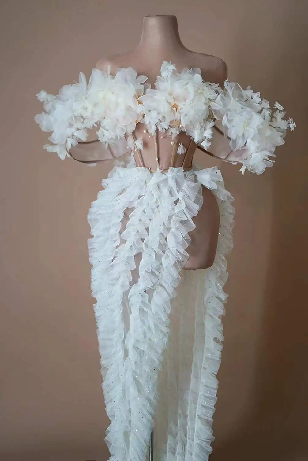 White Flower Ruffle Dress