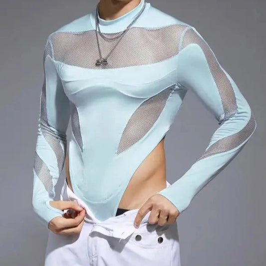 Mesh Patchwork Turtleneck Bodysuit