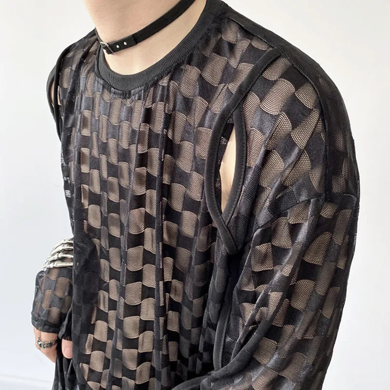 Checkered Mesh Long Sleeve Tee