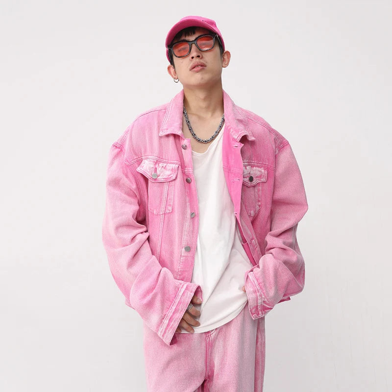 Korean Pink Denim Set with Jacket and Straight Jeans