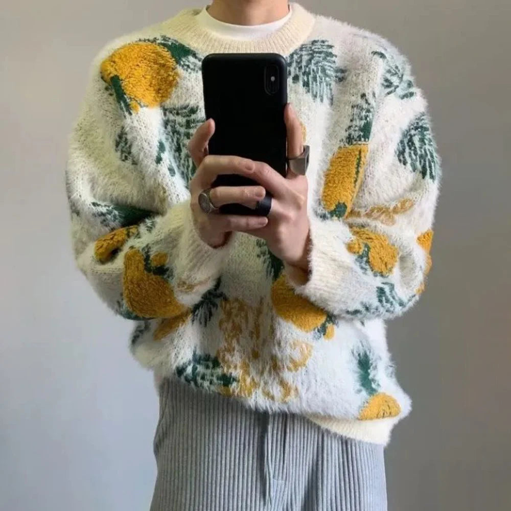 Y2K Pineapple Jacquard Knitted Sweater