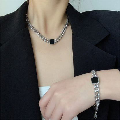 Titanium Steel Thick Chain Necklace and Bracelet with Black Square Pendant