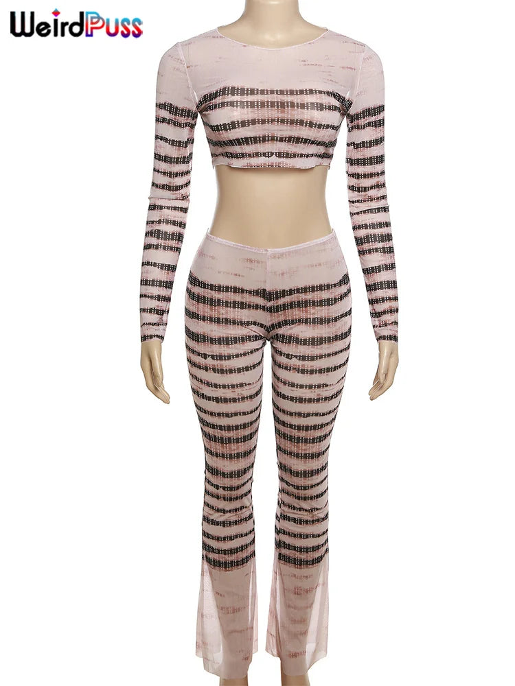 Sheer Striped Crop Tops and Pants