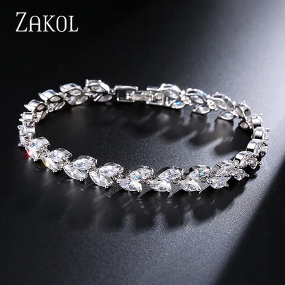 White Leaf Bracelet: Elegant Marquise Cut Cubic Zirconia