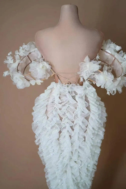 White Flower Ruffle Dress